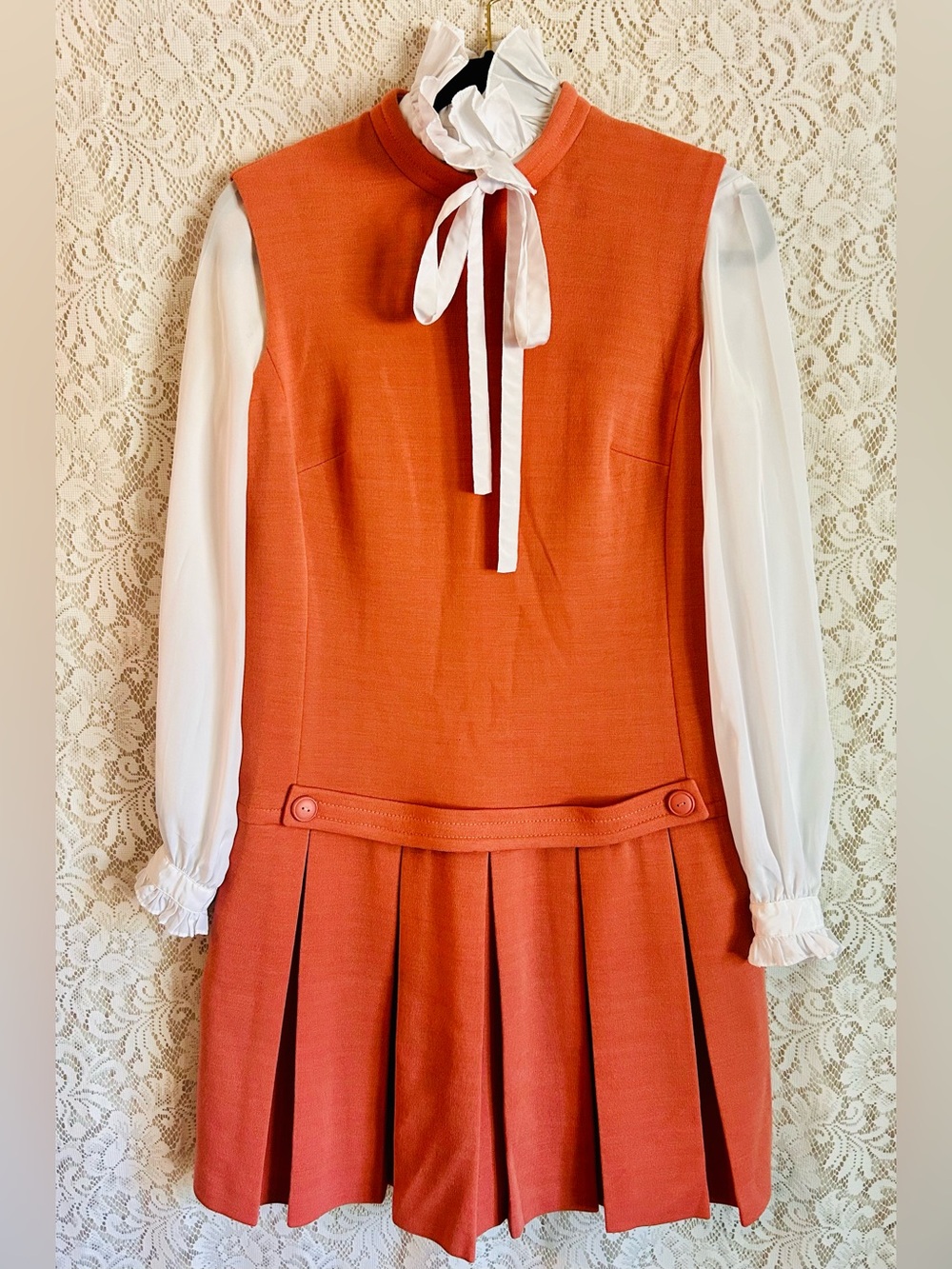 Vintage 70s Mod Burnt Orange/Coral Jumper Dress & Ruffle Blouse ILGWU Union Made
